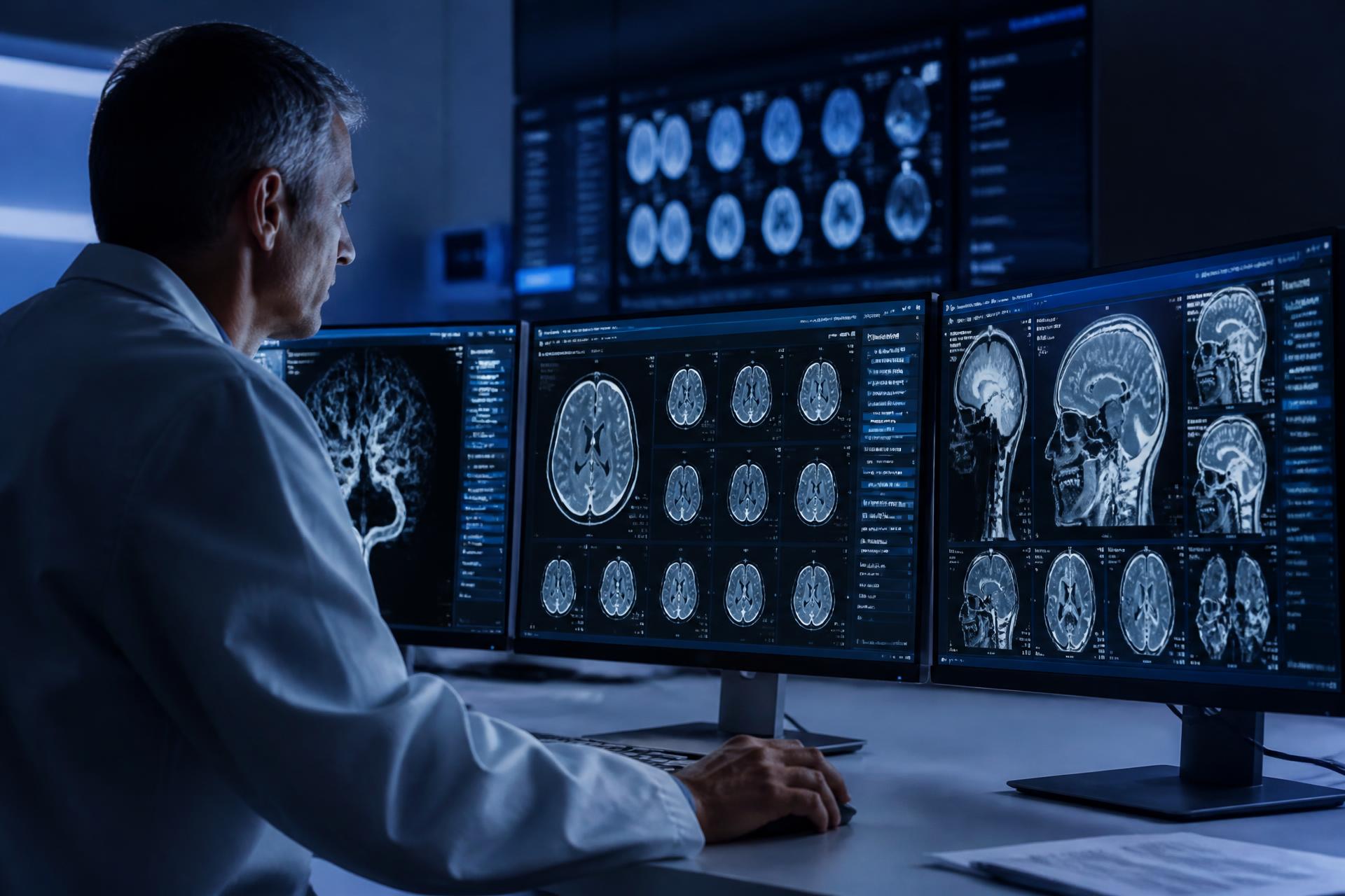 Radiologista analisando exames de TAC e Ressonância Magnética